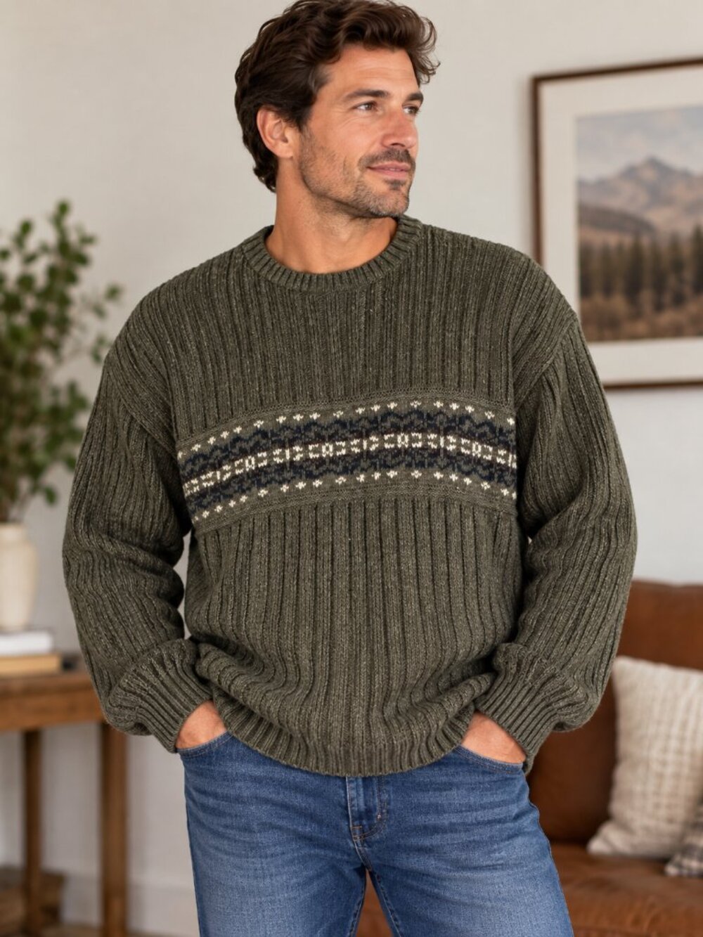 Scandia Vintage Olive Fair Isle Ribbed Knit Sweater Mens Large